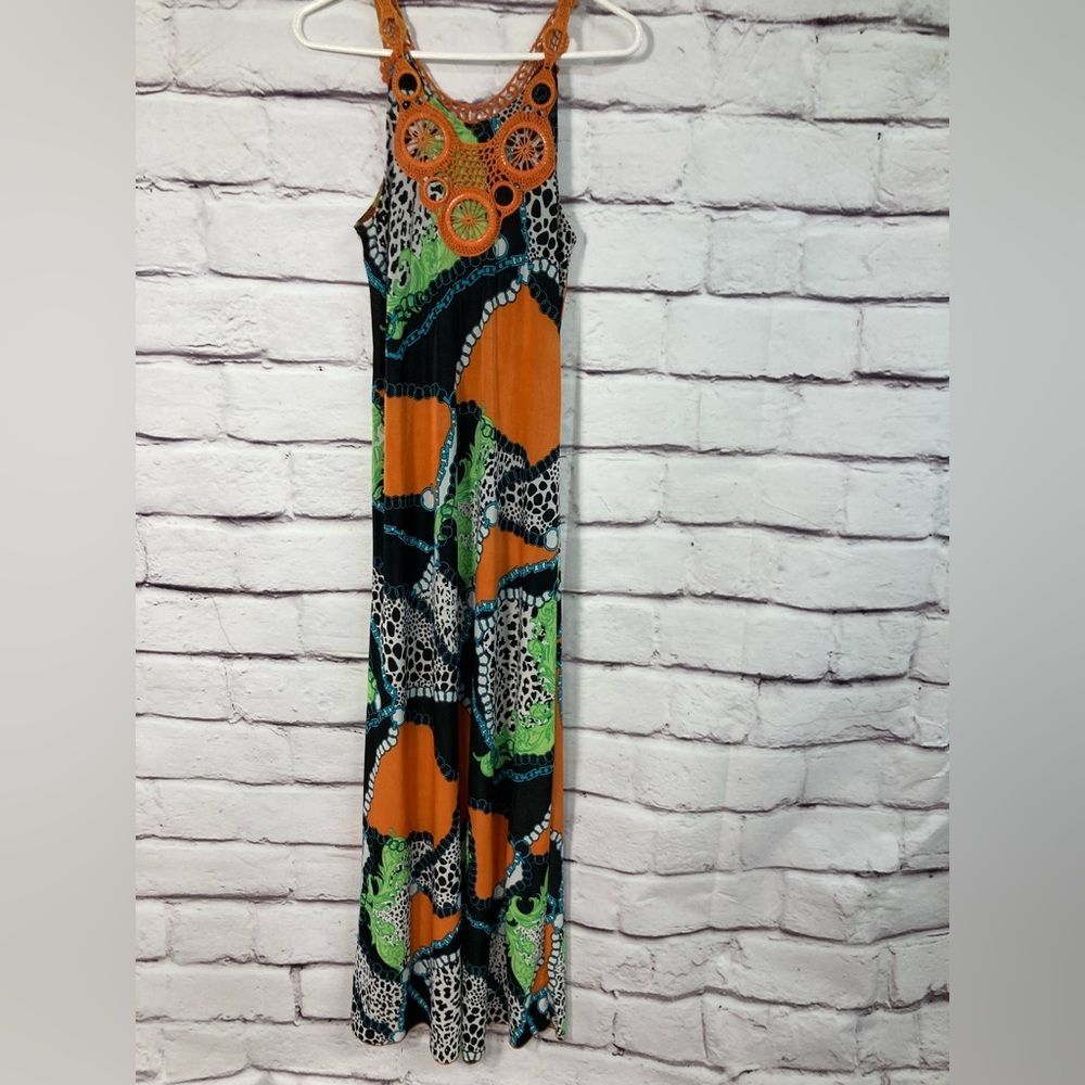 Paris Paris Maxi Dress SZ L Lined Bold Abstract Animal Print Orange Blue Crochet